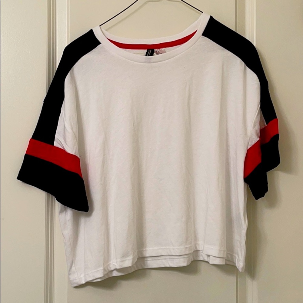 Red, white, and blue short sleeved t-shirt